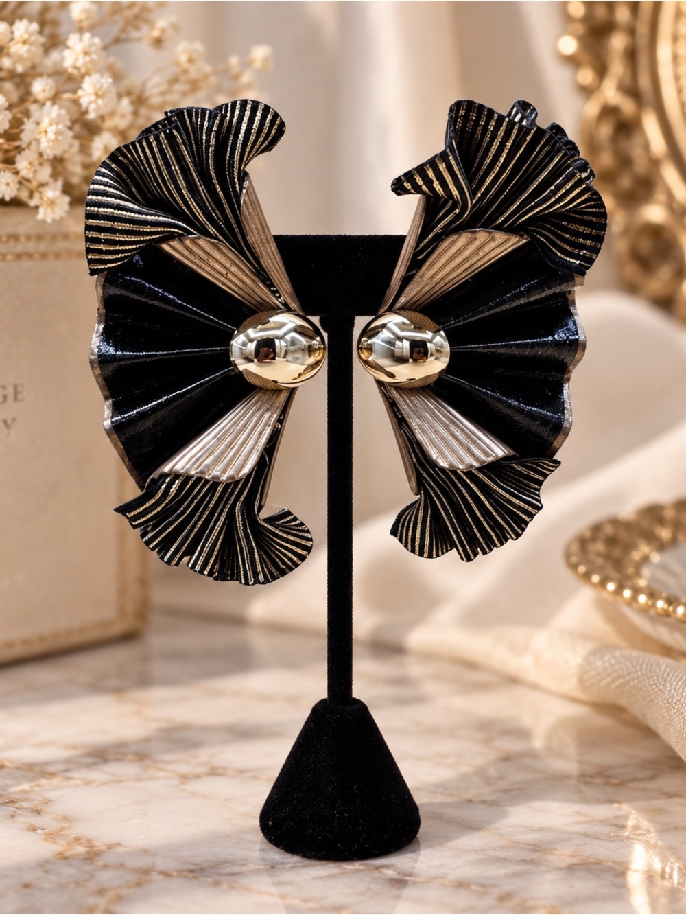 1980s Art Deco Revival Pleated Statement Clip-On Earrings